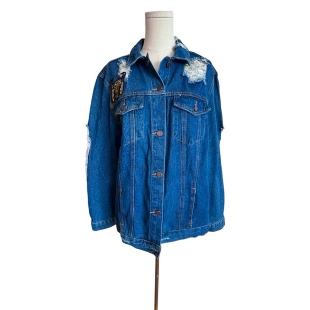 Boom Boom Jeans Denim Jacket Distressed Patches Indie‎ Garage Rocker Women’s XL